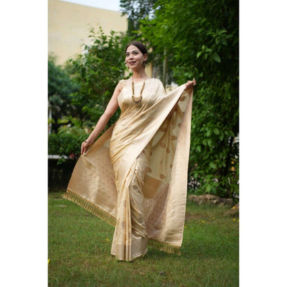 Isadora Life Womens Woven Zari Beige Pre-Draped Saree with Unstitched Blouse