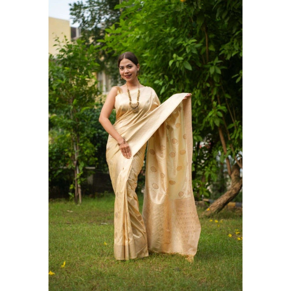 Isadora Life Womens Woven Zari Beige Pre-Draped Saree with Unstitched Blouse