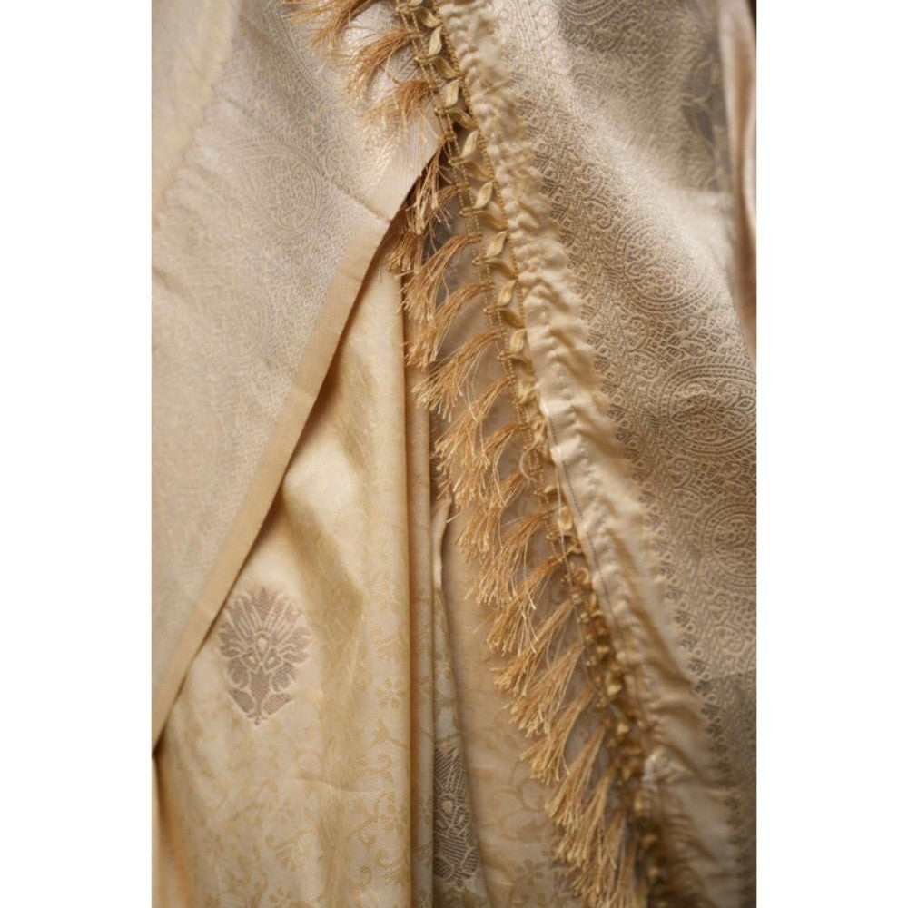 Isadora Life Womens Woven Zari Beige Pre-Draped Saree with Unstitched Blouse