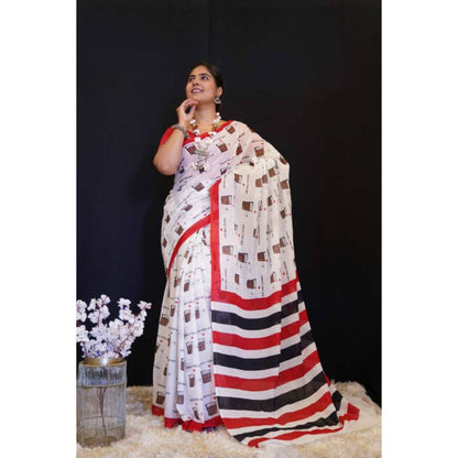 Isadora Life Womens Printed White Pre-Draped Saree with Unstitched Blouse