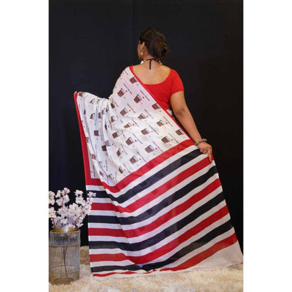 Isadora Life Womens Printed White Pre-Draped Saree with Unstitched Blouse
