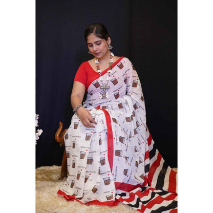 Isadora Life Womens Printed White Pre-Draped Saree with Unstitched Blouse