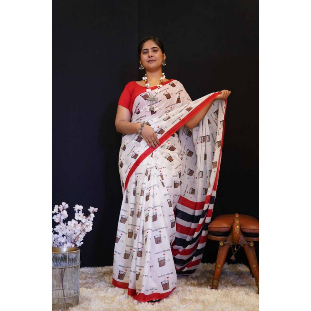 Isadora Life Womens Printed White Pre-Draped Saree with Unstitched Blouse