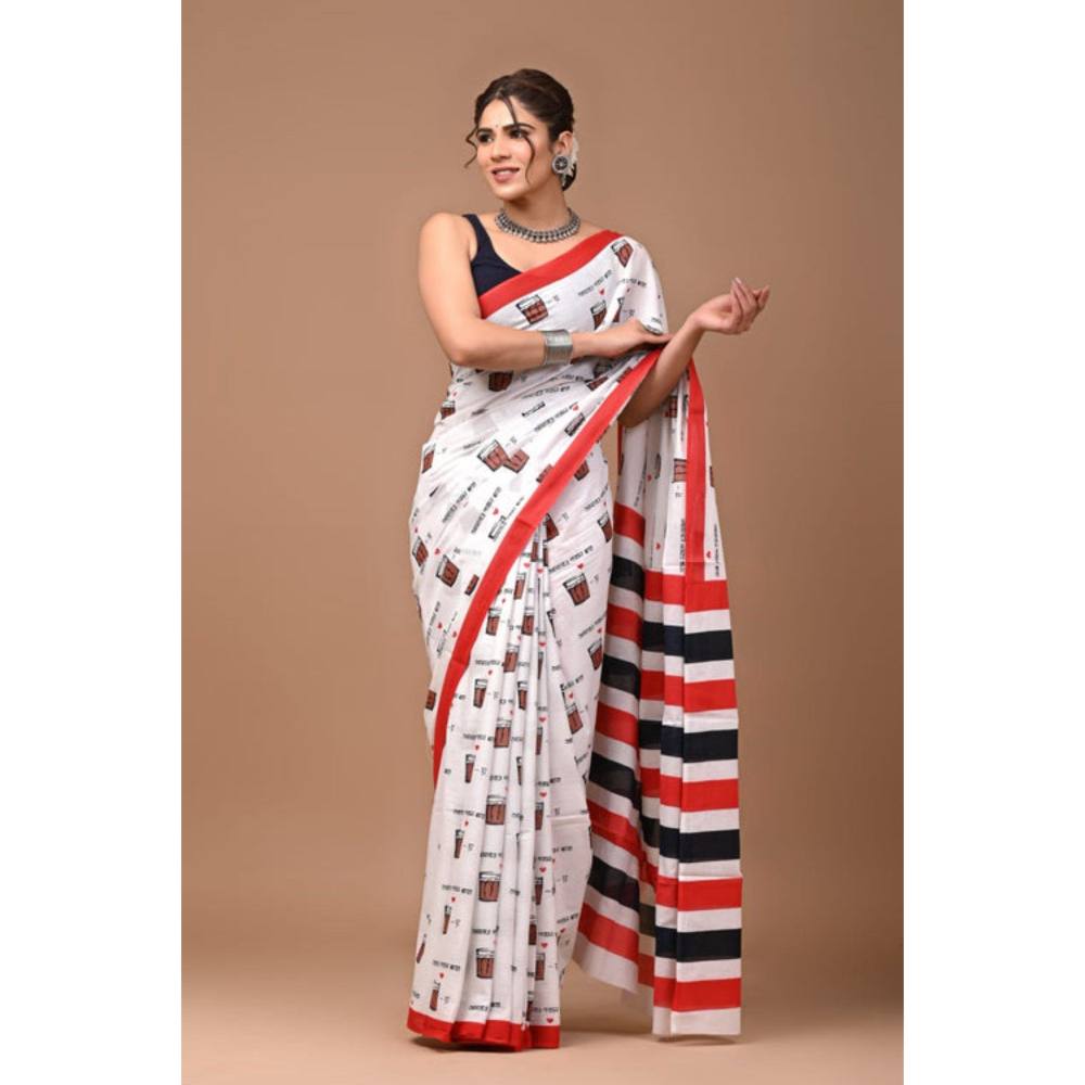 Isadora Life Womens Printed White Pre-Draped Saree with Unstitched Blouse