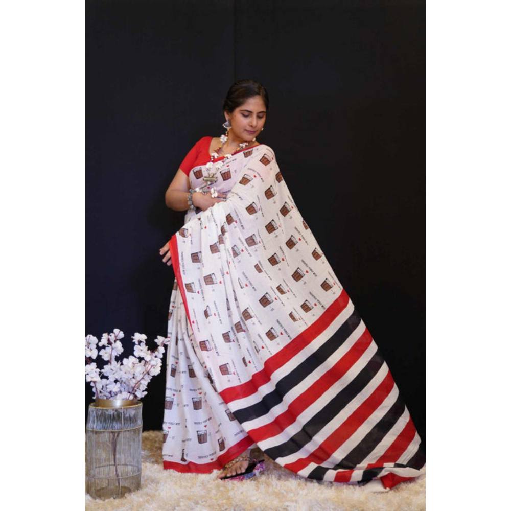 Isadora Life Womens Printed White Pre-Draped Saree with Unstitched Blouse