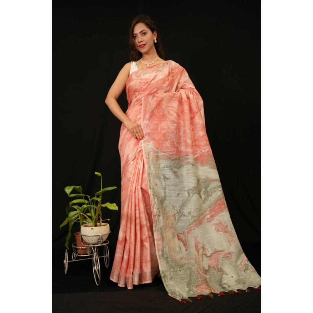 Isadora Life Womens Printed Tassels Peach Pre-Draped Saree with Unstitched Blouse