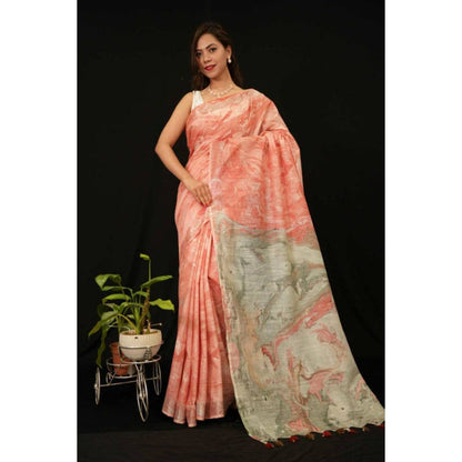 Isadora Life Womens Printed Tassels Peach Pre-Draped Saree with Unstitched Blouse