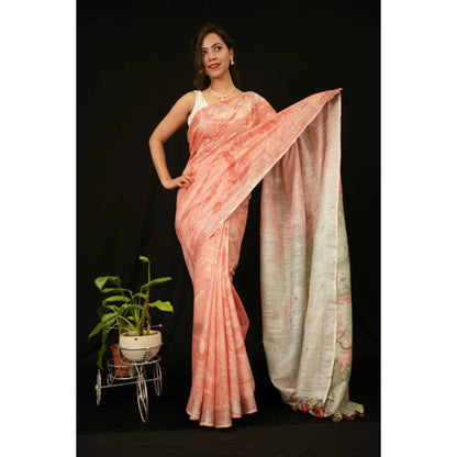 Isadora Life Womens Printed Tassels Peach Pre-Draped Saree with Unstitched Blouse