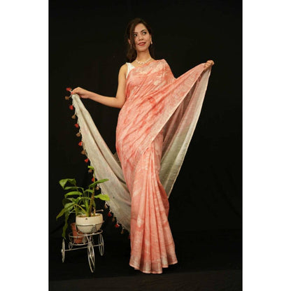 Isadora Life Womens Printed Tassels Peach Pre-Draped Saree with Unstitched Blouse