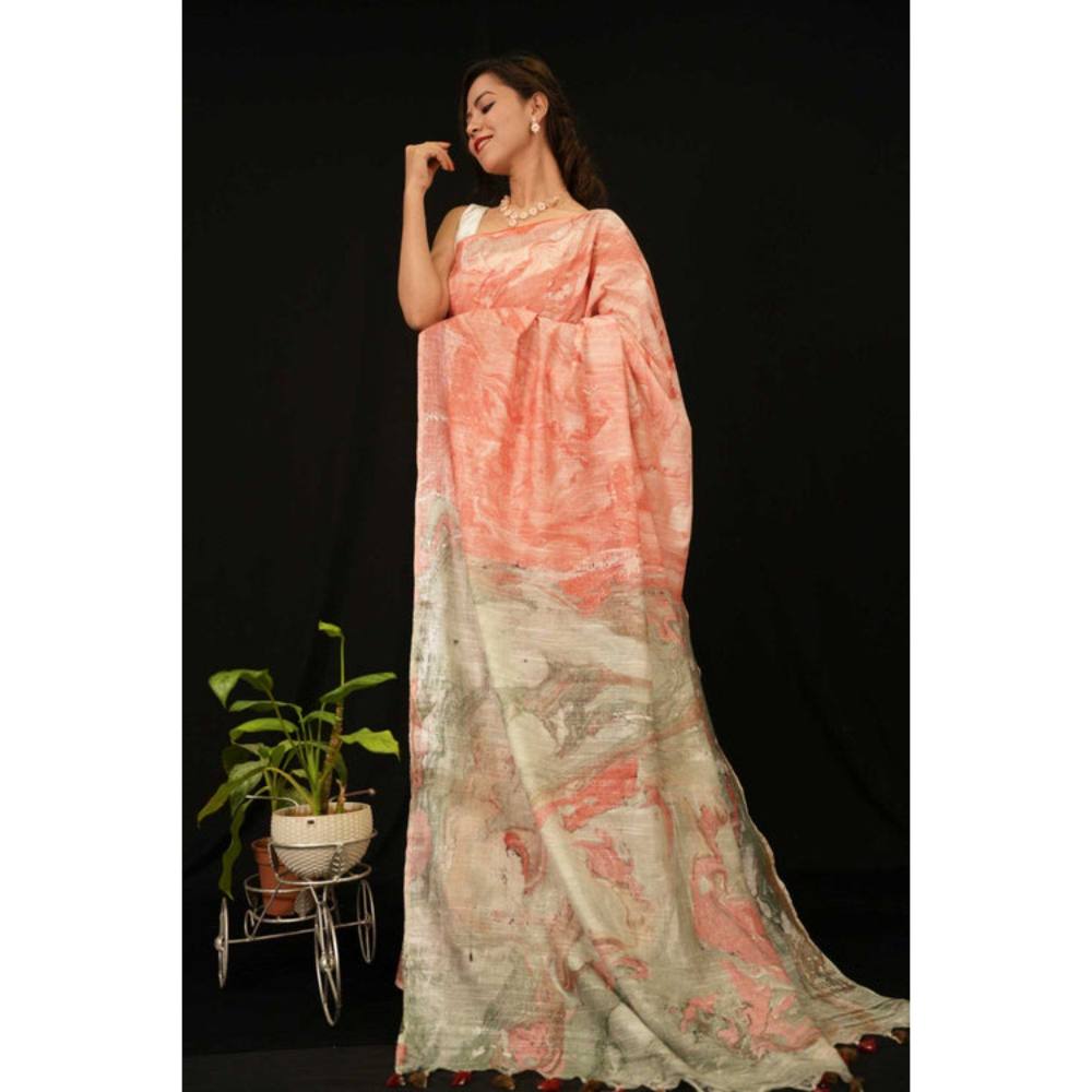 Isadora Life Womens Printed Tassels Peach Pre-Draped Saree with Unstitched Blouse