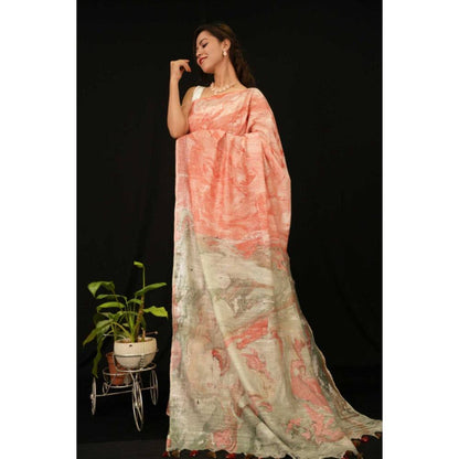 Isadora Life Womens Printed Tassels Peach Pre-Draped Saree with Unstitched Blouse