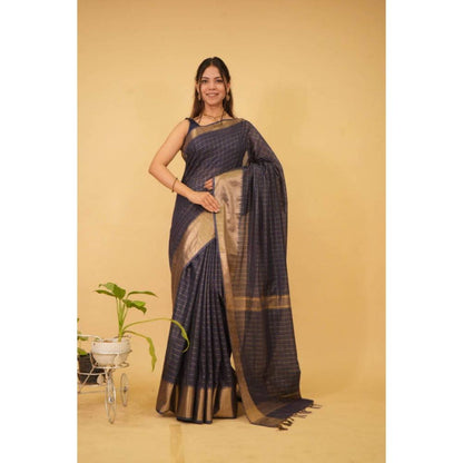 Isadora Life Womens Checks Zari Navy Blue Pre-Draped Saree with Unstitched Blouse