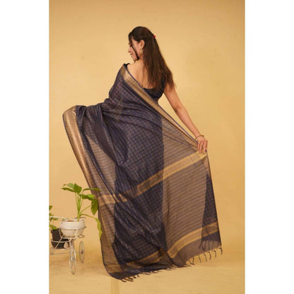 Isadora Life Womens Checks Zari Navy Blue Pre-Draped Saree with Unstitched Blouse