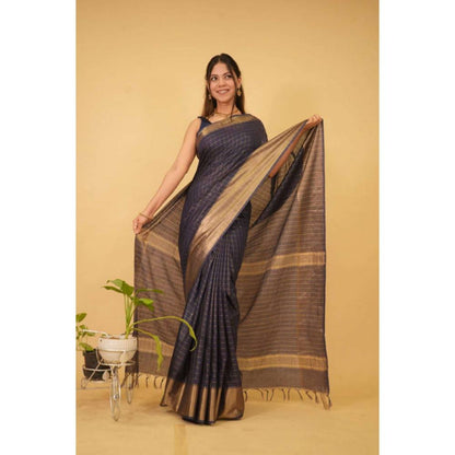 Isadora Life Womens Checks Zari Navy Blue Pre-Draped Saree with Unstitched Blouse