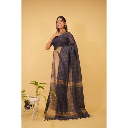 Isadora Life Womens Checks Zari Navy Blue Pre-Draped Saree with Unstitched Blouse