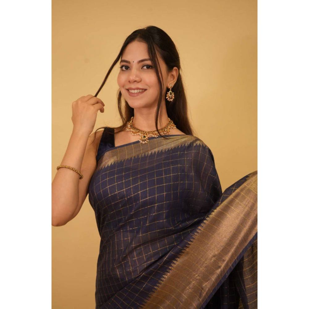 Isadora Life Womens Checks Zari Navy Blue Pre-Draped Saree with Unstitched Blouse