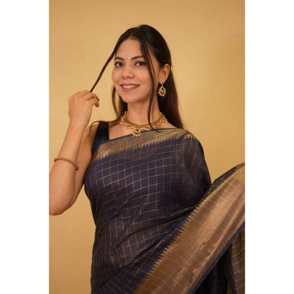 Isadora Life Womens Checks Zari Navy Blue Pre-Draped Saree with Unstitched Blouse