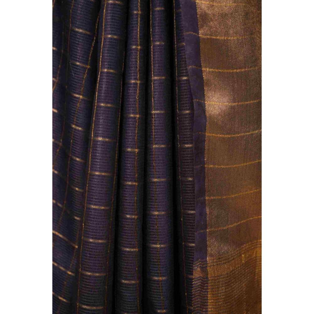 Isadora Life Womens Checks Zari Navy Blue Pre-Draped Saree with Unstitched Blouse