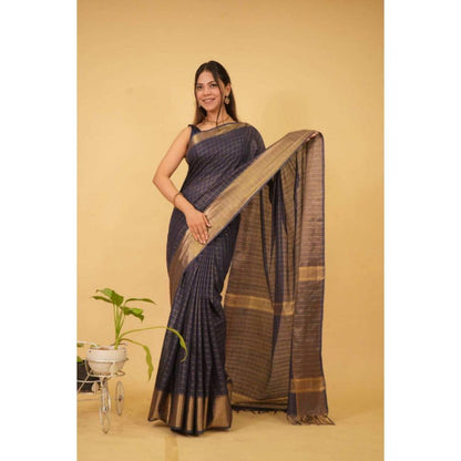 Isadora Life Womens Checks Zari Navy Blue Pre-Draped Saree with Unstitched Blouse