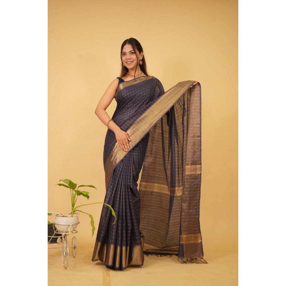Isadora Life Womens Checks Zari Navy Blue Pre-Draped Saree with Unstitched Blouse