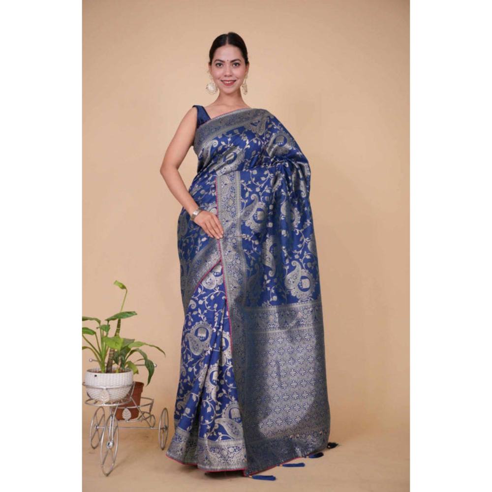 Isadora Life Womens Printed Zari Blue Pre-Draped Saree with Unstitched Blouse