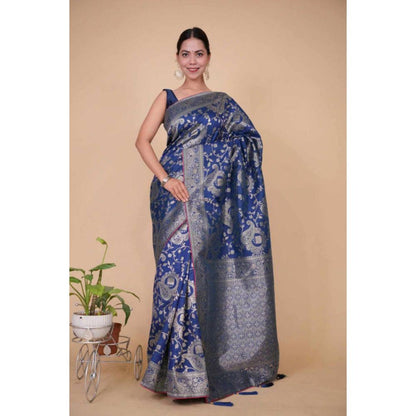 Isadora Life Womens Printed Zari Blue Pre-Draped Saree with Unstitched Blouse