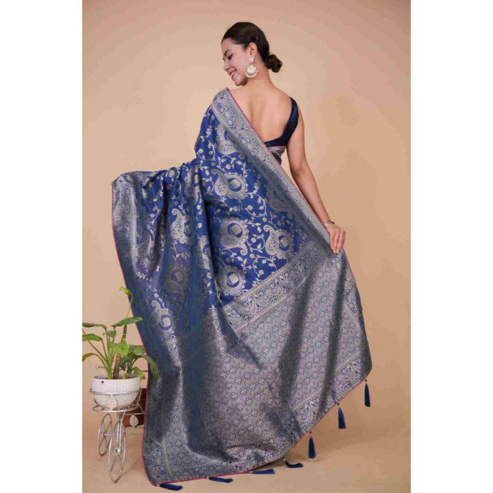 Isadora Life Womens Printed Zari Blue Pre-Draped Saree with Unstitched Blouse