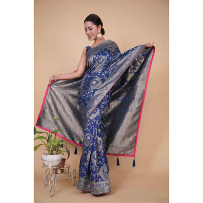 Isadora Life Womens Printed Zari Blue Pre-Draped Saree with Unstitched Blouse