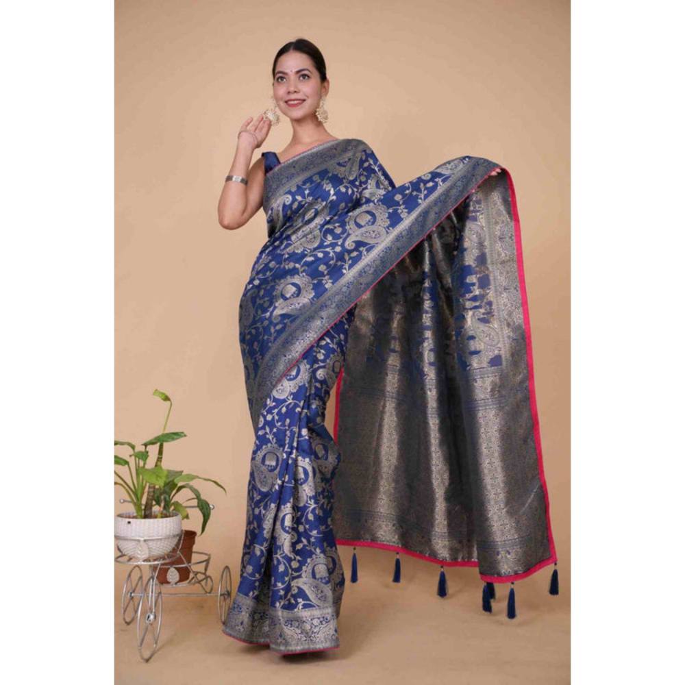 Isadora Life Womens Printed Zari Blue Pre-Draped Saree with Unstitched Blouse