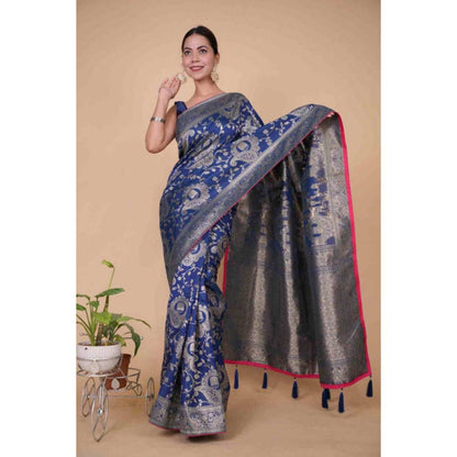 Isadora Life Womens Printed Zari Blue Pre-Draped Saree with Unstitched Blouse