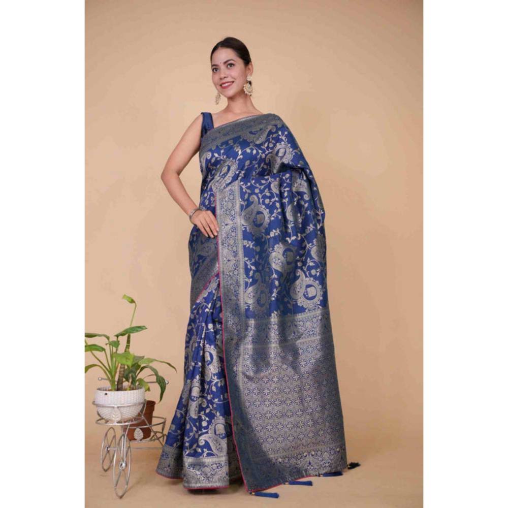 Isadora Life Womens Printed Zari Blue Pre-Draped Saree with Unstitched Blouse