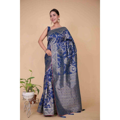 Isadora Life Womens Printed Zari Blue Pre-Draped Saree with Unstitched Blouse