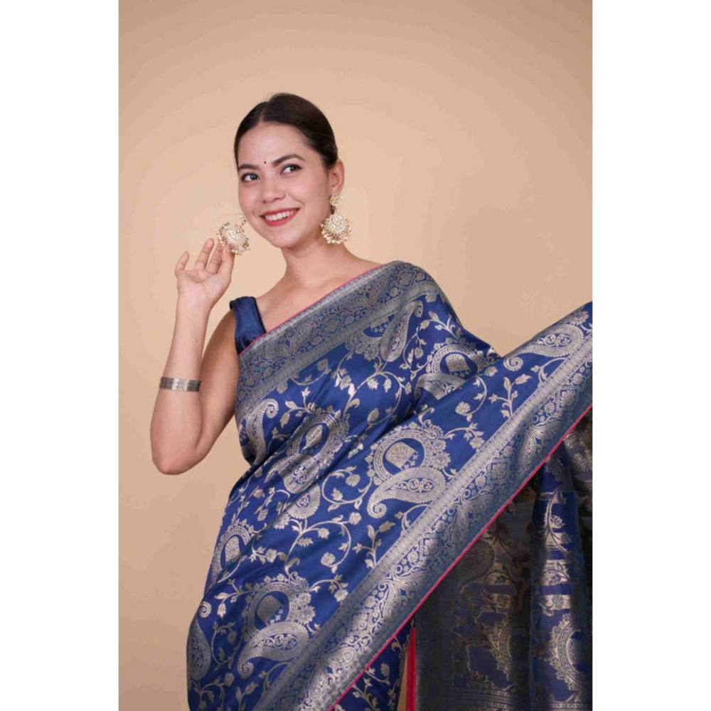 Isadora Life Womens Printed Zari Blue Pre-Draped Saree with Unstitched Blouse