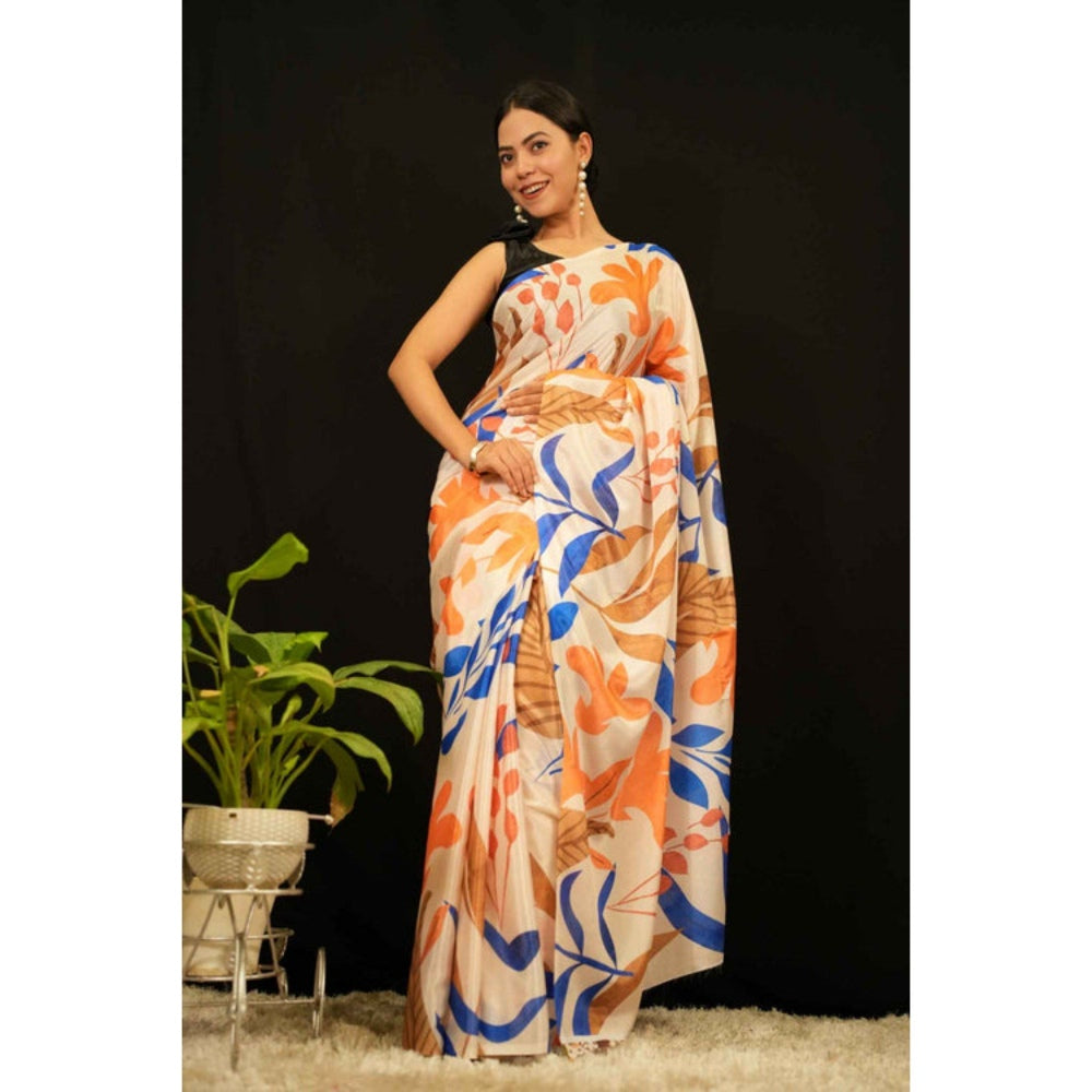 Isadora Life Womens Printed Orange Pre-Draped Saree with Unstitched Blouse