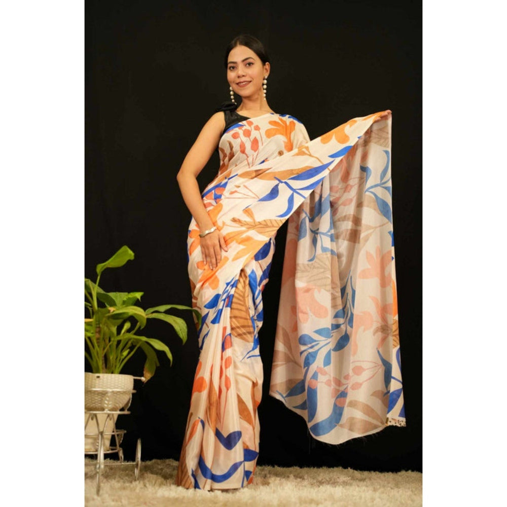 Isadora Life Womens Printed Orange Pre-Draped Saree with Unstitched Blouse