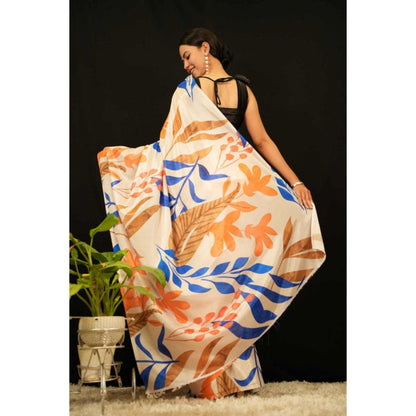 Isadora Life Womens Printed Orange Pre-Draped Saree with Unstitched Blouse