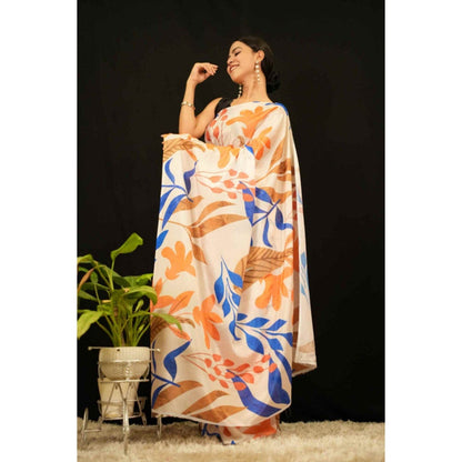 Isadora Life Womens Printed Orange Pre-Draped Saree with Unstitched Blouse