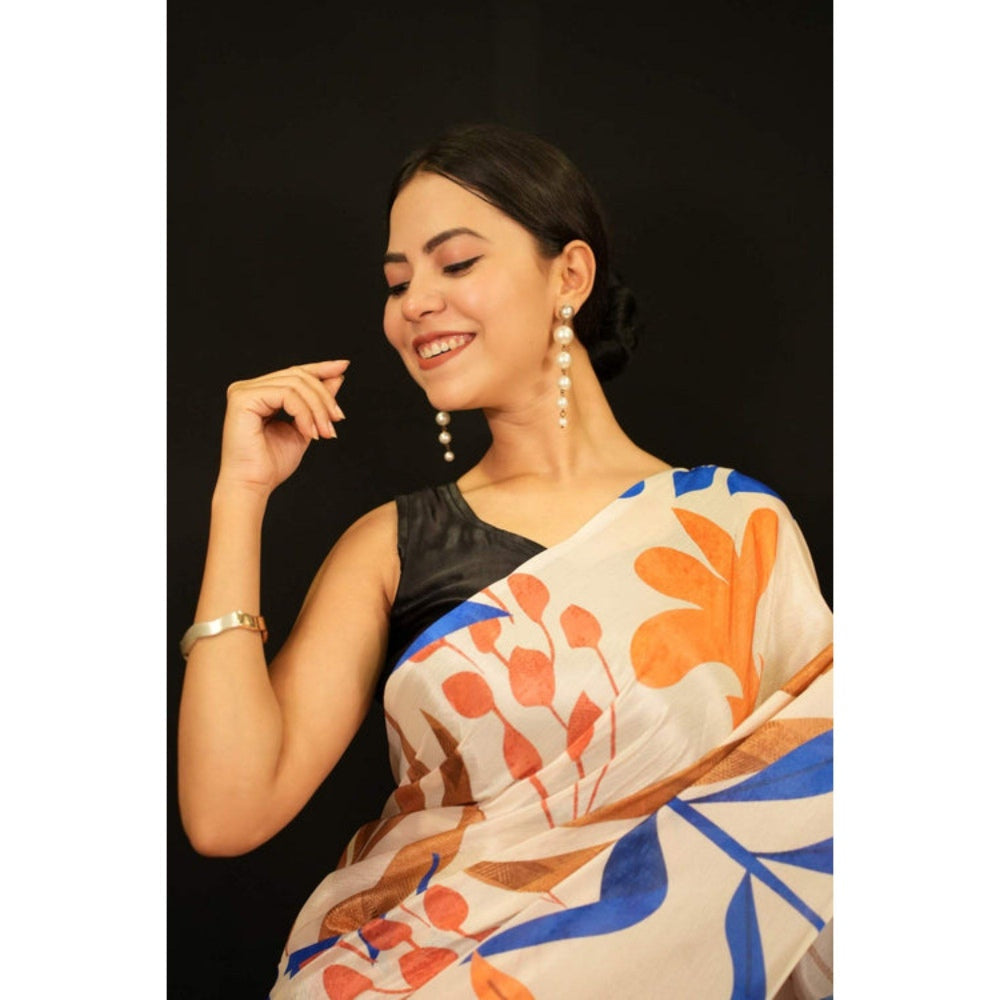 Isadora Life Womens Printed Orange Pre-Draped Saree with Unstitched Blouse