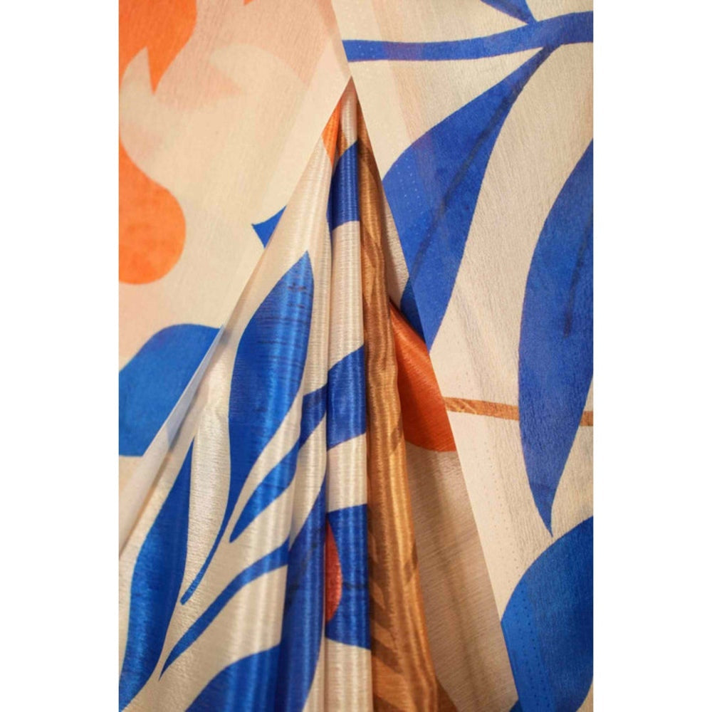 Isadora Life Womens Printed Orange Pre-Draped Saree with Unstitched Blouse