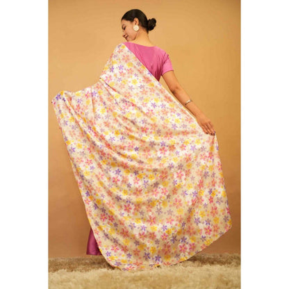 Isadora Life Womens Floral Printed Pink Pre-Draped Saree with Unstitched Blouse