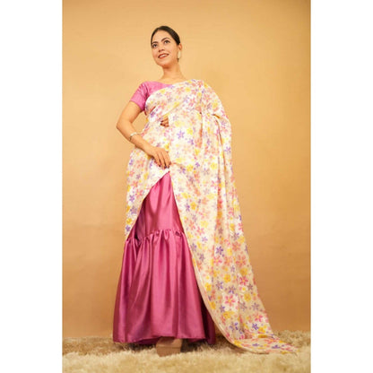 Isadora Life Womens Floral Printed Pink Pre-Draped Saree with Unstitched Blouse