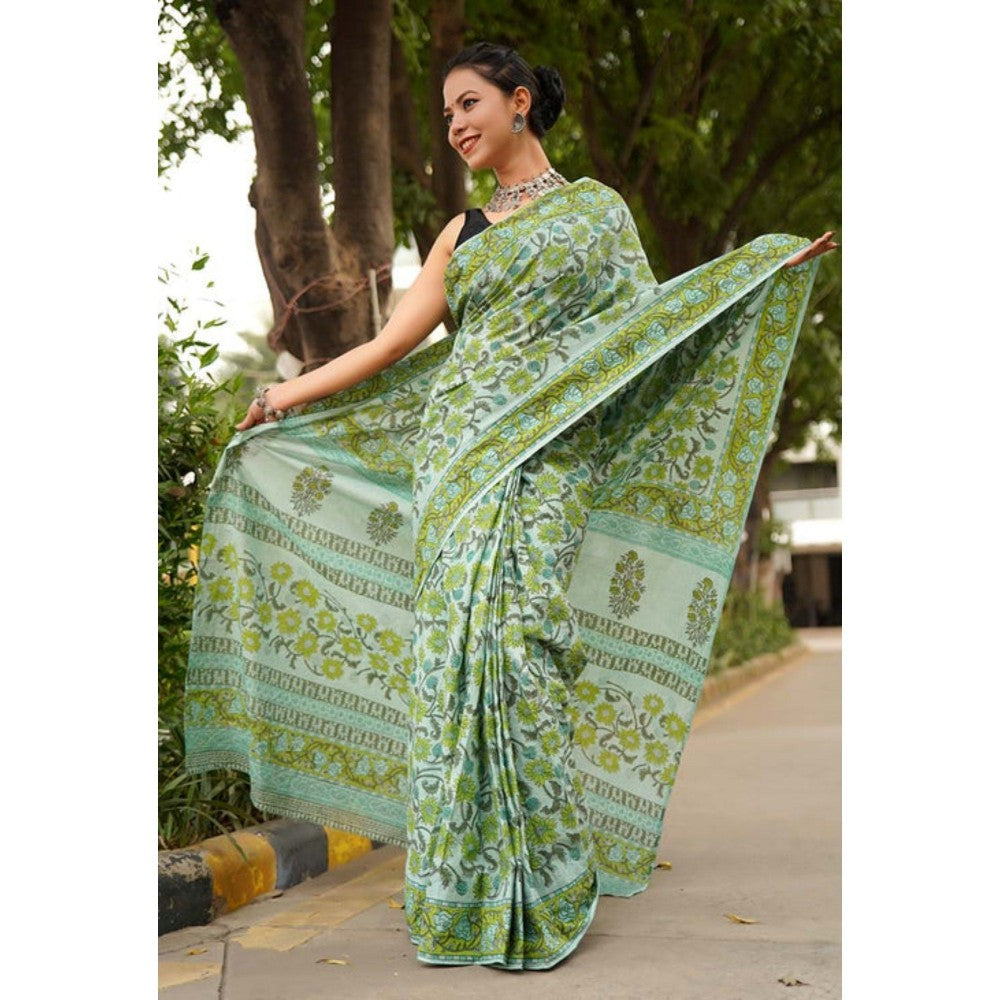 Isadora Life Womens Floral Printed Green Pre-Draped Saree with Unstitched Blouse