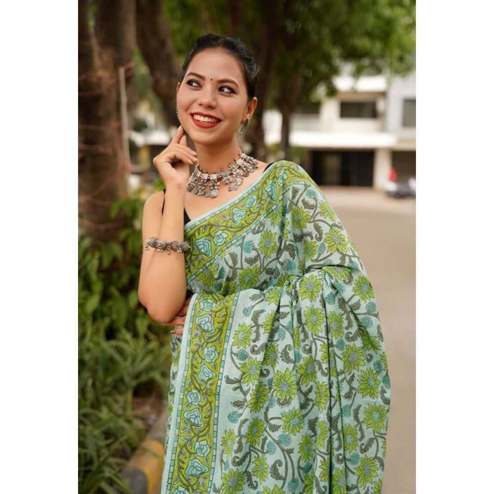 Isadora Life Womens Floral Printed Green Pre-Draped Saree with Unstitched Blouse