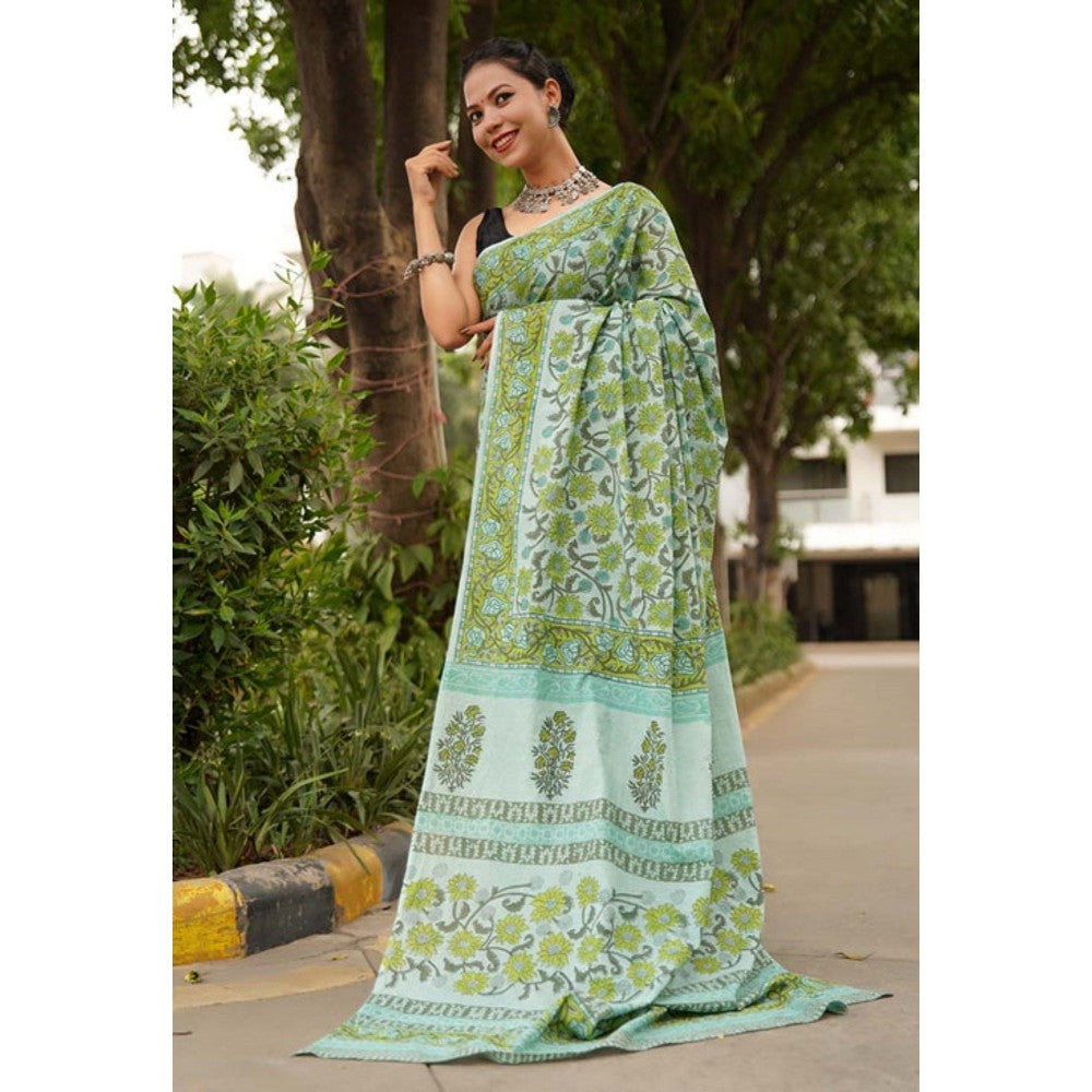 Isadora Life Womens Floral Printed Green Pre-Draped Saree with Unstitched Blouse