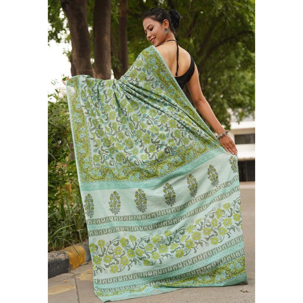 Isadora Life Womens Floral Printed Green Pre-Draped Saree with Unstitched Blouse
