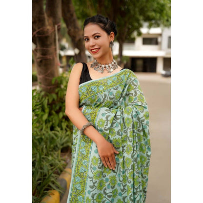 Isadora Life Womens Floral Printed Green Pre-Draped Saree with Unstitched Blouse