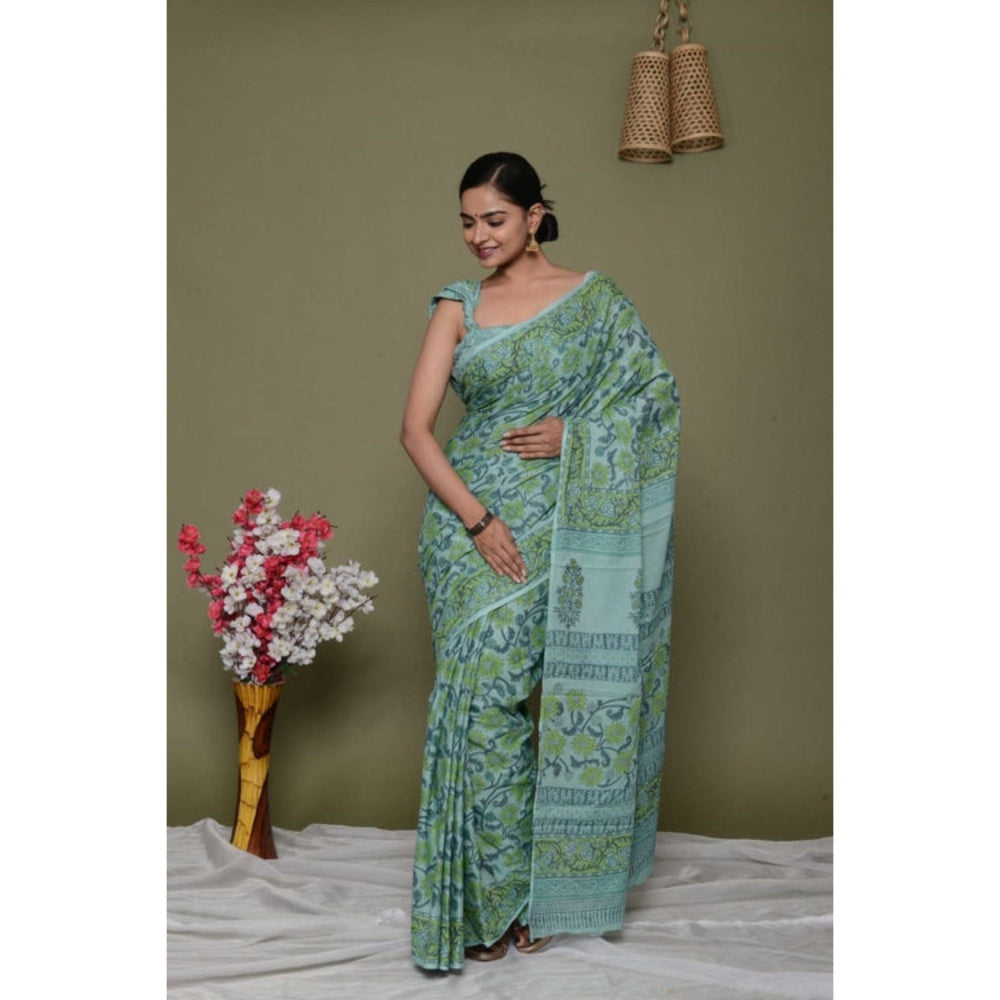 Isadora Life Womens Floral Printed Green Pre-Draped Saree with Unstitched Blouse