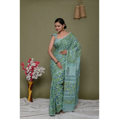 Isadora Life Womens Floral Printed Green Pre-Draped Saree with Unstitched Blouse