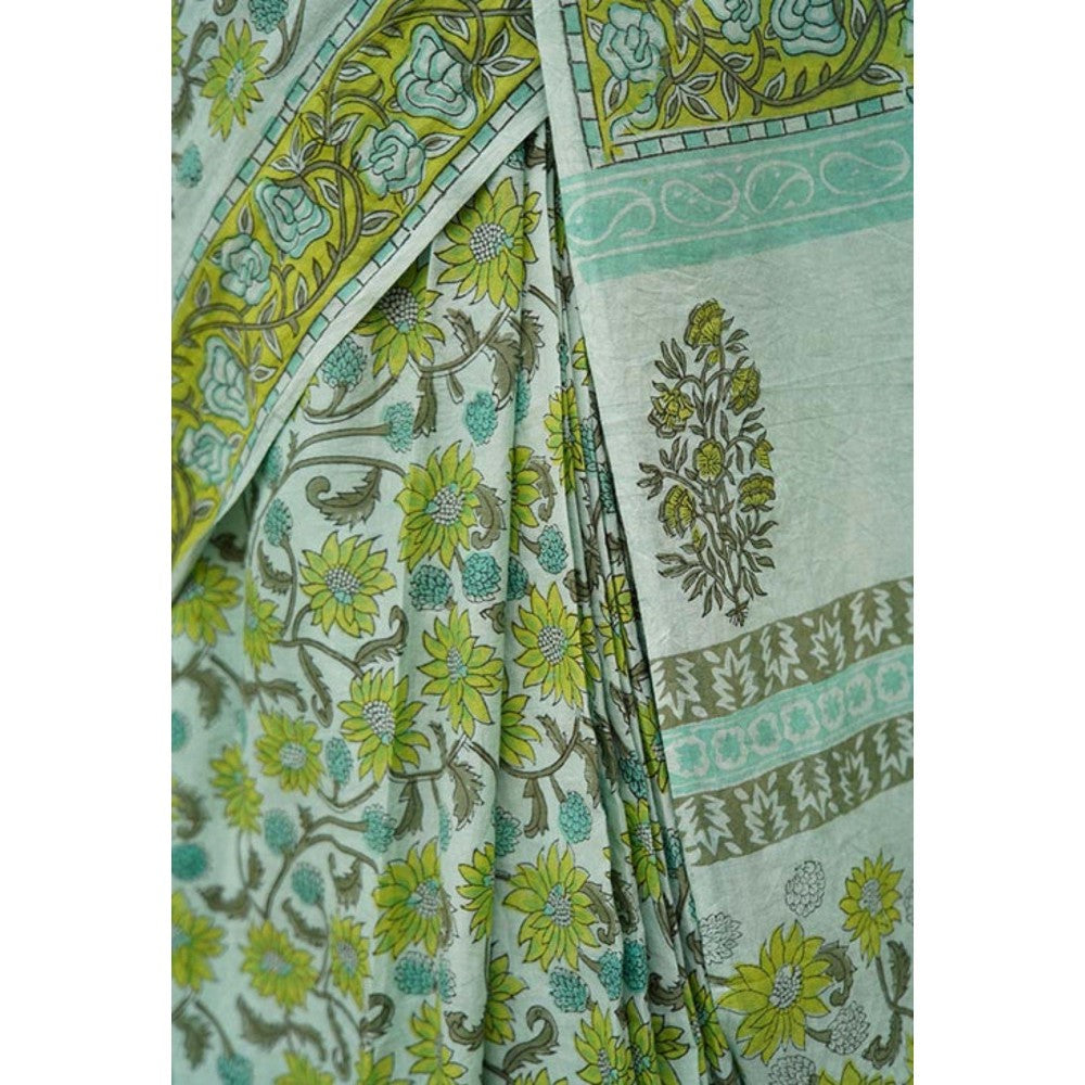 Isadora Life Womens Floral Printed Green Pre-Draped Saree with Unstitched Blouse