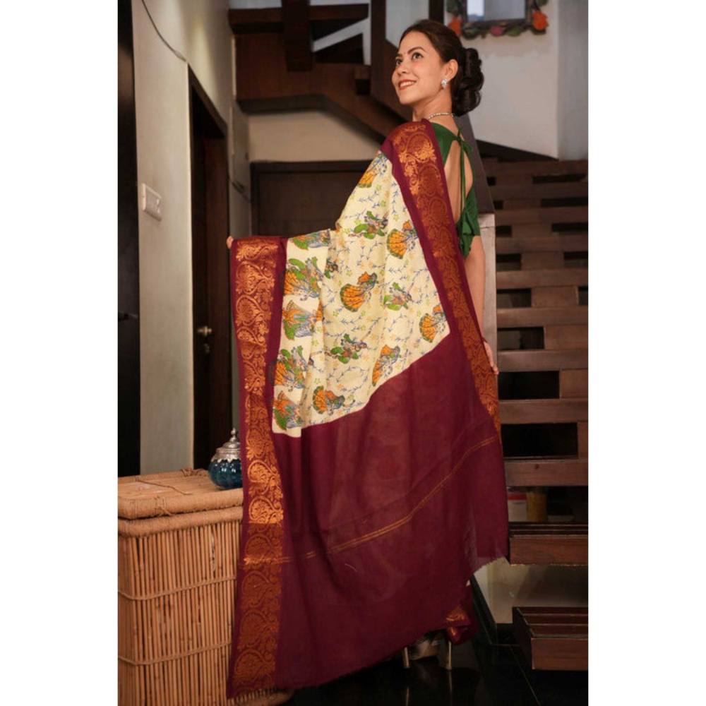 Isadora Life Womens Floral Printed Cream Pre-Draped Saree with Unstitched Blouse